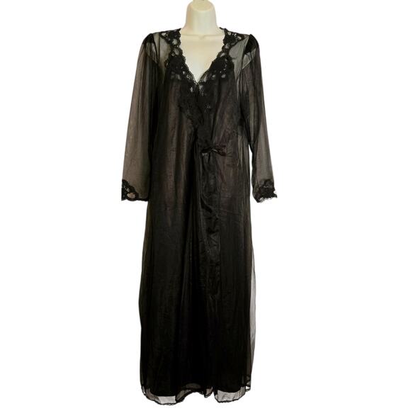 Vintage Val Mode Black Peignoir Set Lace Nylon Nightgown Robe Rare Lingerie Glam - Picture 1 of 16